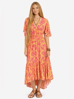 Abel The Label Boho High Low Maxi Dress Pink Orange Hi Low Hem Flowy Festival M